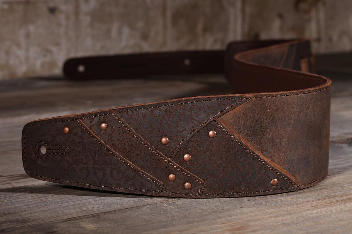 Anthology Gear Overland leather guitar strap close up of embossed pattern