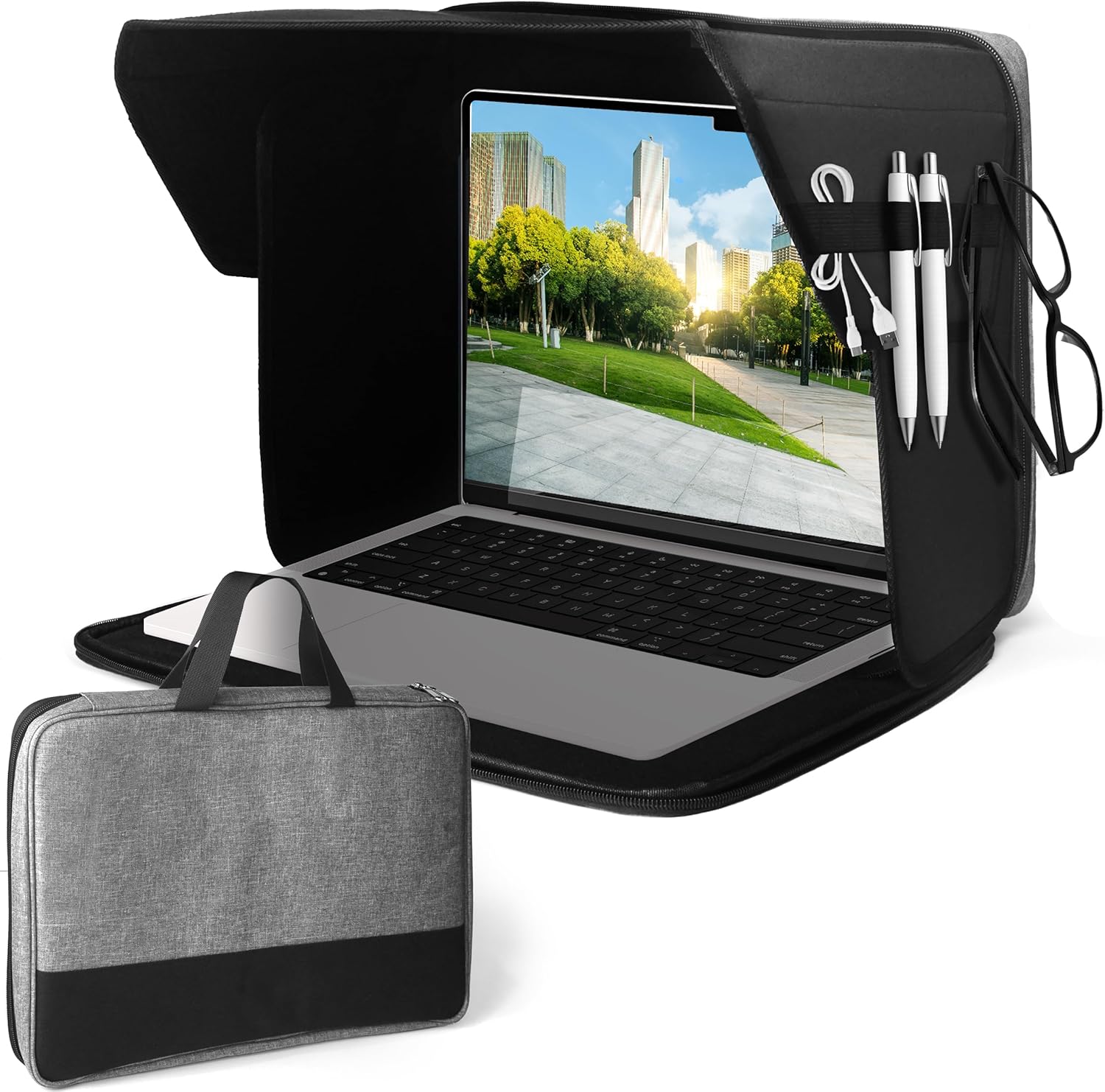 Vlynly laptop sun shade bag front view deployed as an outdoor workstation shield.
