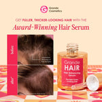 Grande Cosmetics hair serum and shampoo bottles from the travel set