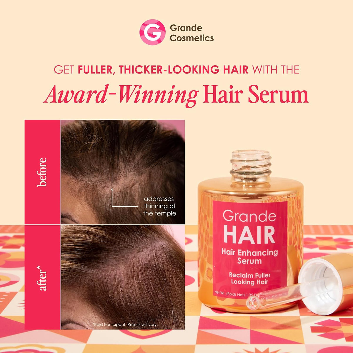 Grande Cosmetics hair serum and shampoo bottles from the travel set
