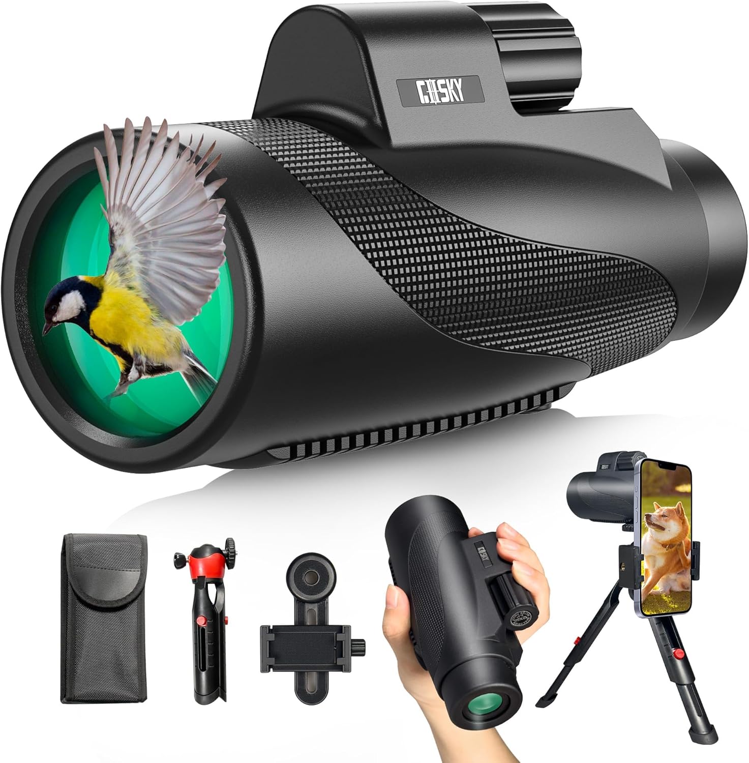 Gosky 15x52 HD Monocular telescope front view highlighting the premium 52mm objective lens and rugged non slip rubber armor.