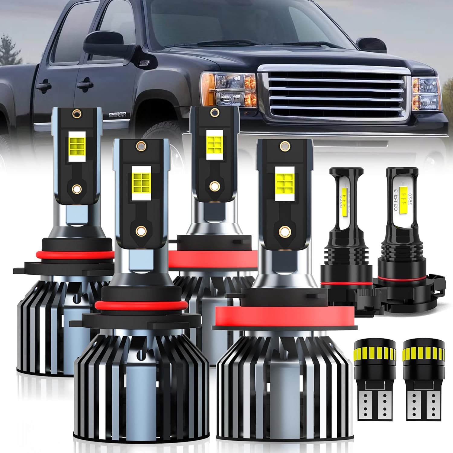 Generic GMC Sierra LED light bulb combo kit front view showcasing premium automotive replacement bulbs.