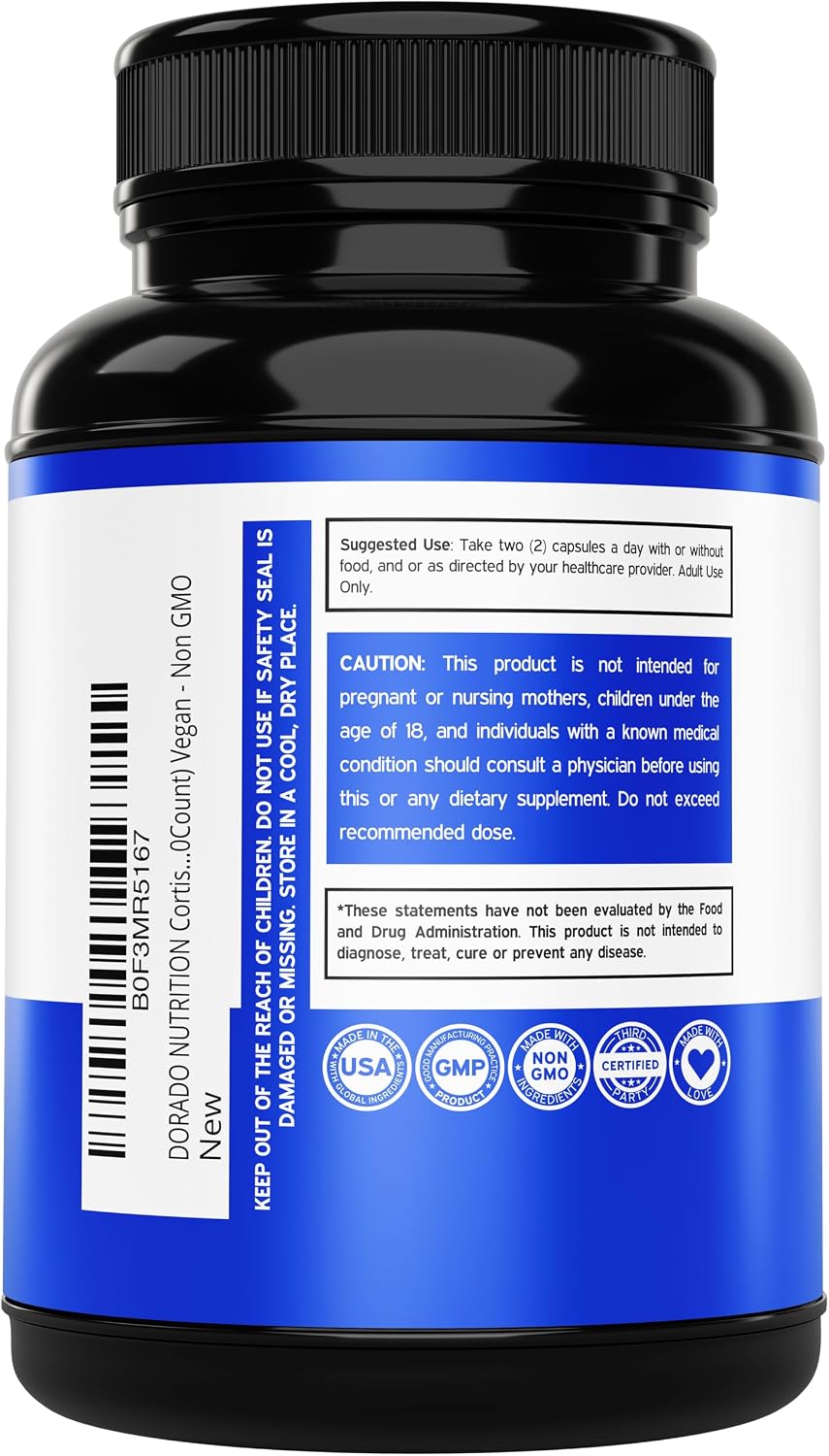 Side profile of Dorado Nutrition stress support capsules bottle