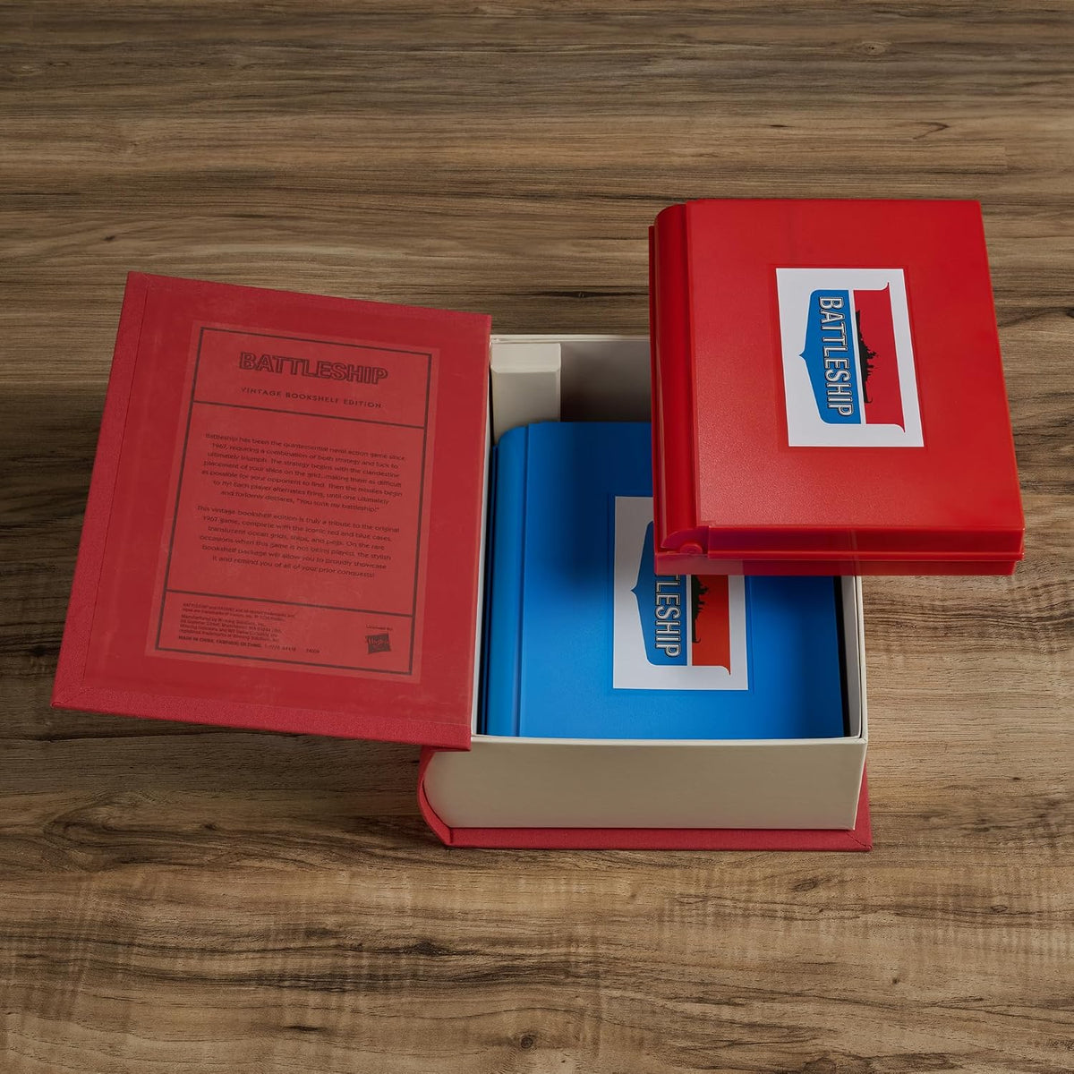 WS Game Company Battleship open book showing red and blue folding battle cases