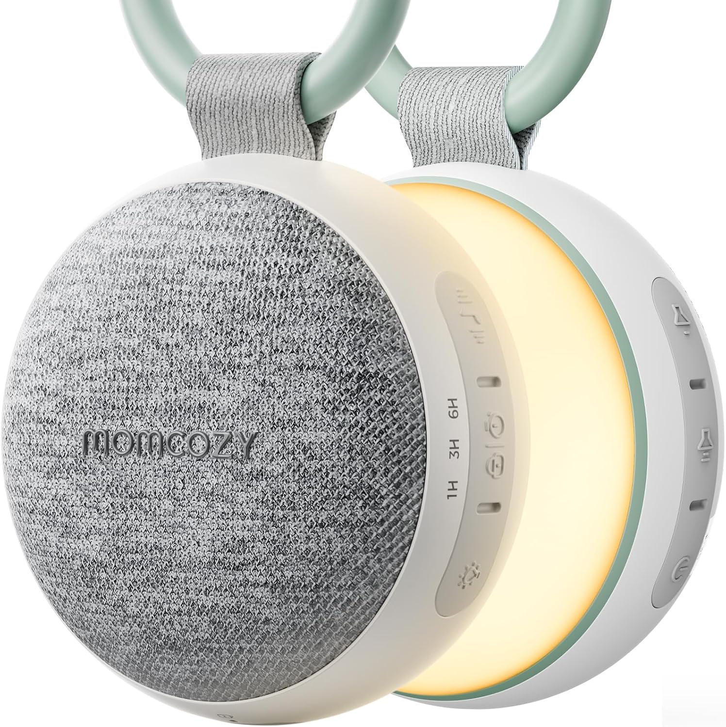 Momcozy portable sound machine with night light front view showing compact white noise device for baby sleep therapy