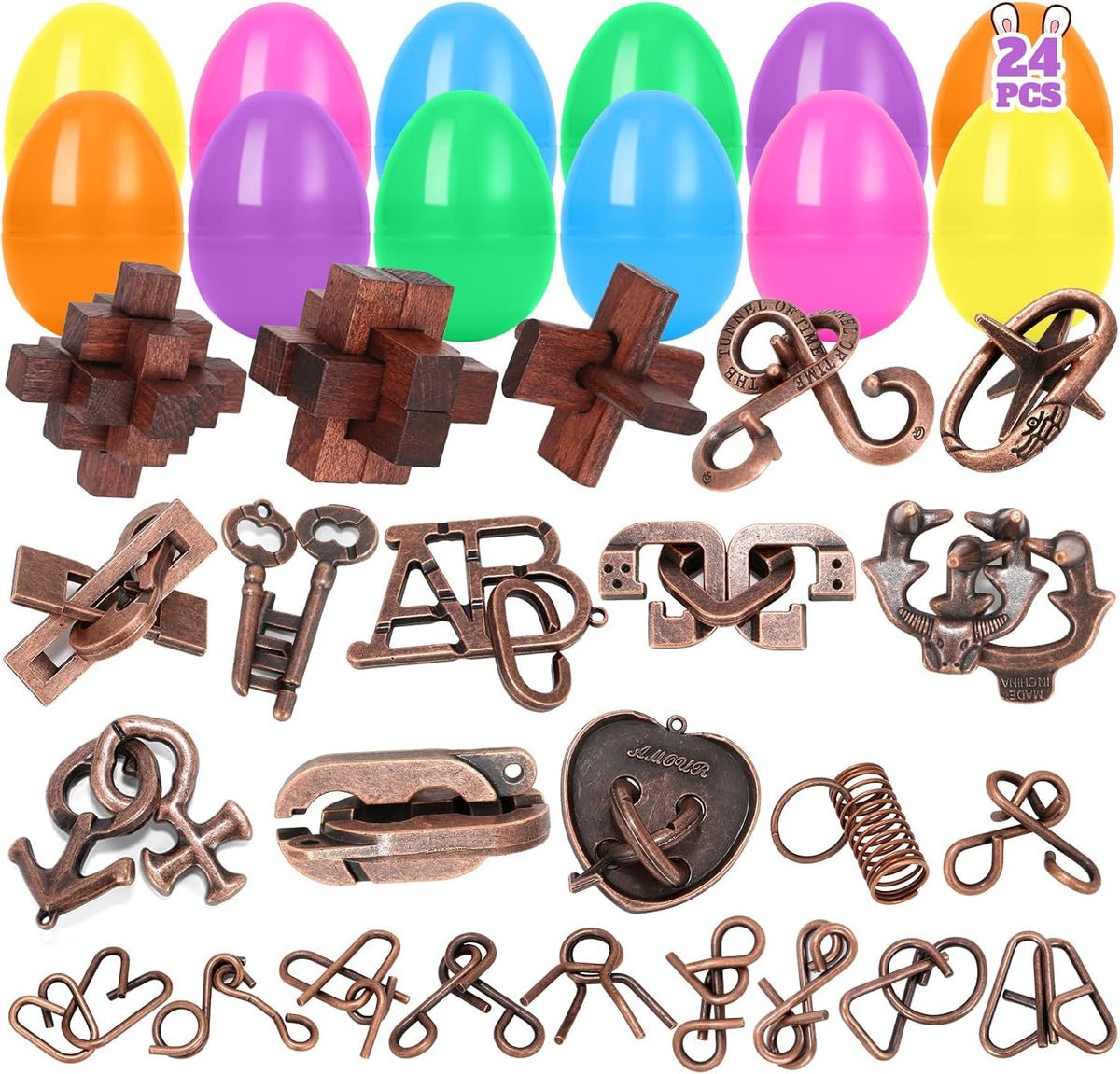 Mytothfy prefilled Easter eggs puzzle set front view showcasing colorful plastic eggs.