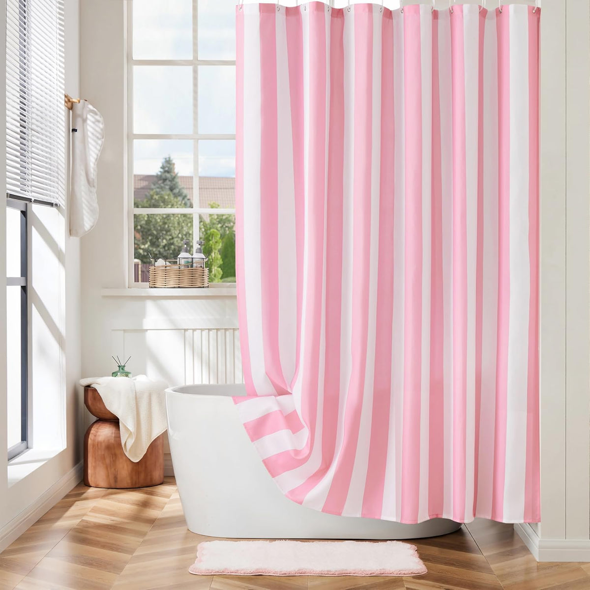 Ohocut vertical striped shower curtain front view showing retro pink and white pattern.