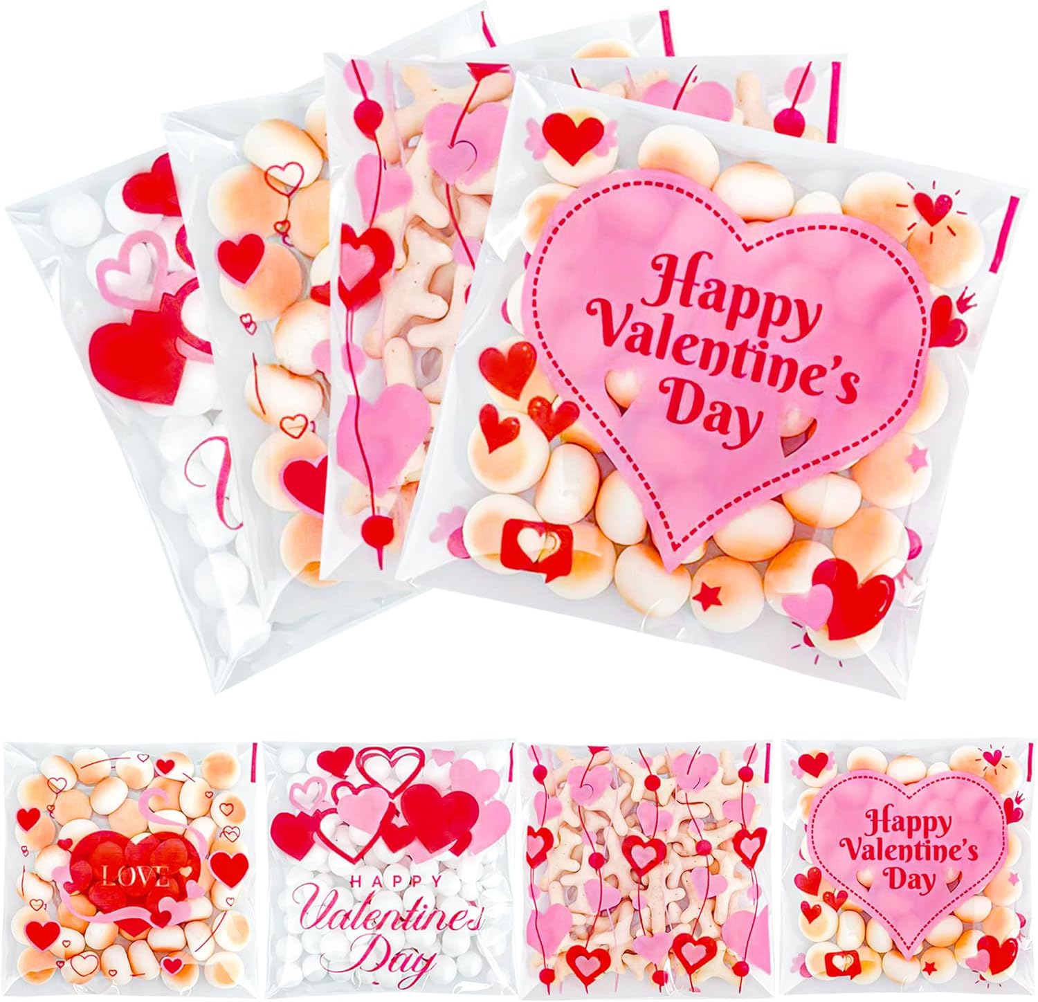 Haddiy Qoiuso Valentine self sealing cookie bags front view displaying pink heart patterns