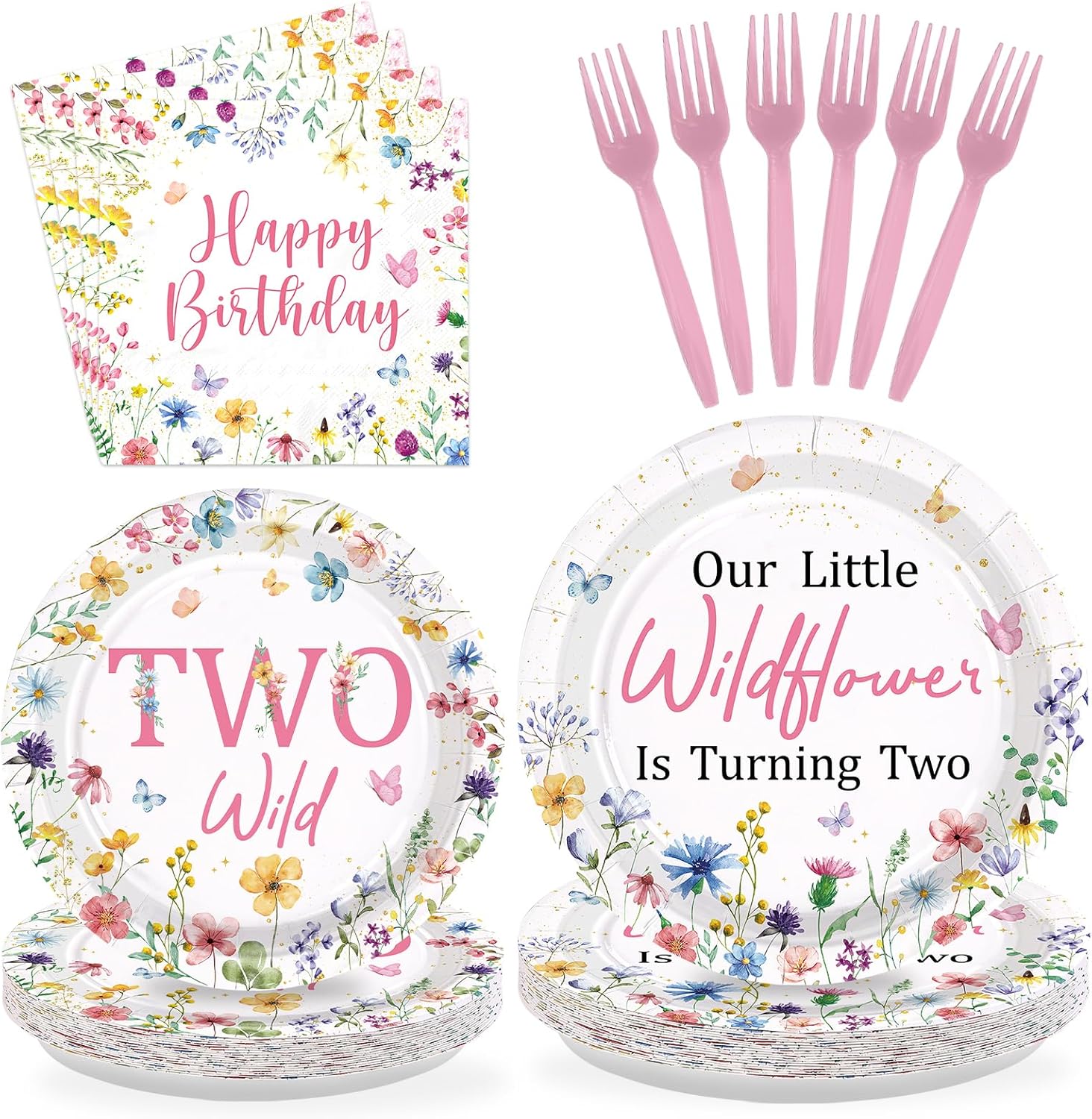 Greencian Wildflower 2nd birthday party supplies set front view