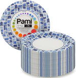 PAMI heavy duty disposable small round paper dishes front view on a party table setup.