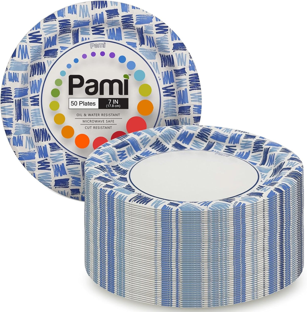 PAMI heavy duty disposable small round paper dishes front view on a party table setup.