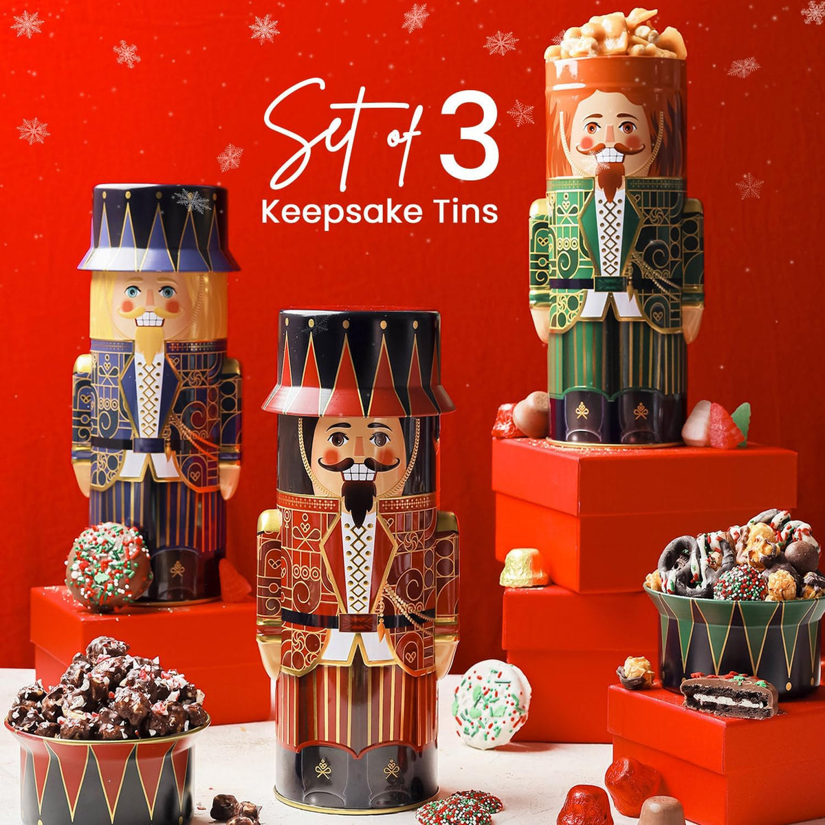 Close up of gourmet holiday snacks including sea salt caramels and chocolate covered pretzels