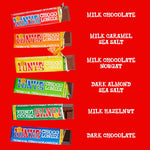 Authentic USA imported caramel sea salt and dark almond chocolate bars stack.