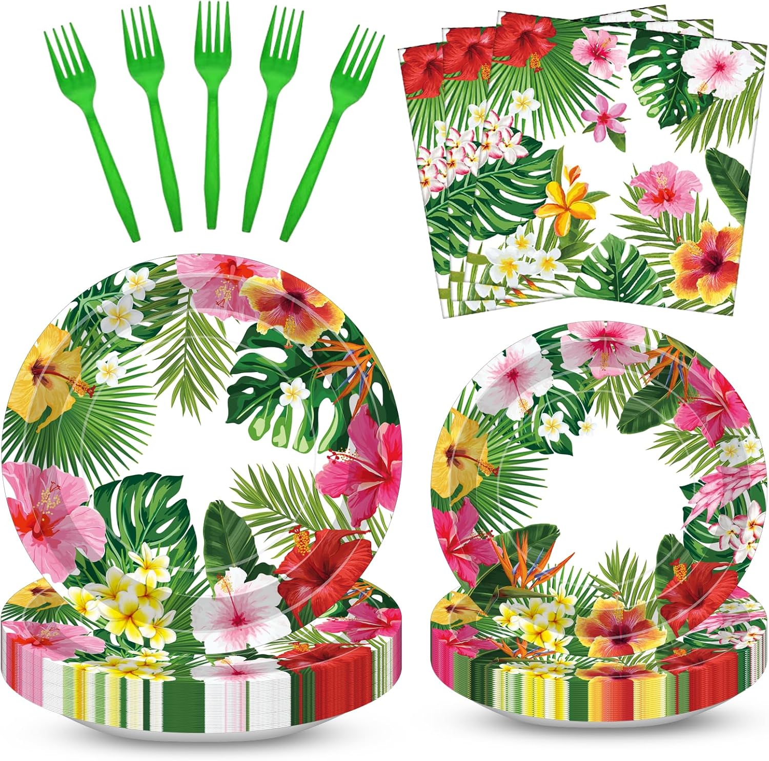 Merriva 100 piece tropical luau party supplies set front view