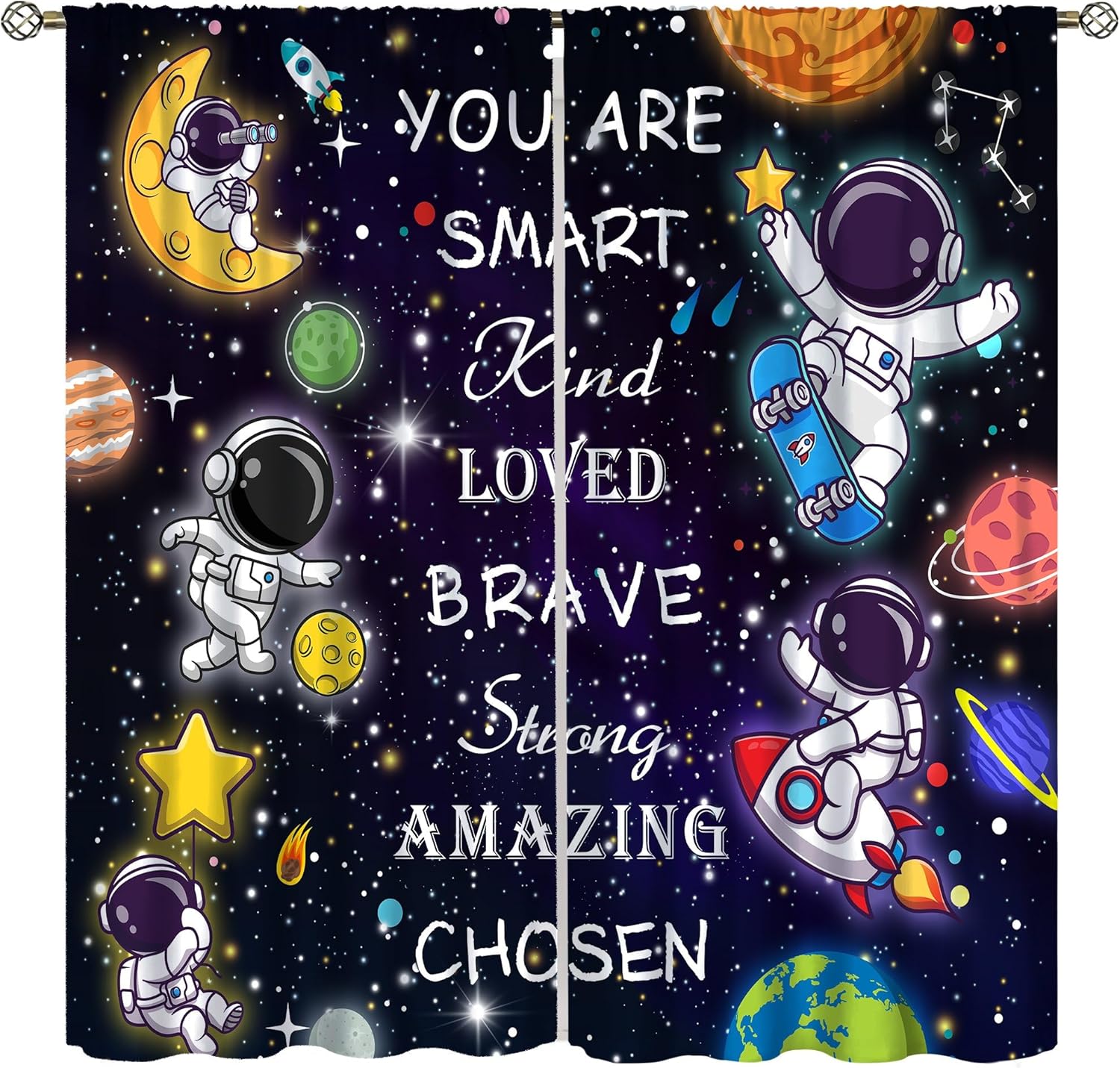 AAVEUP Space Astronaut Curtains front view showing cartoon galaxy design in a boys nursery.