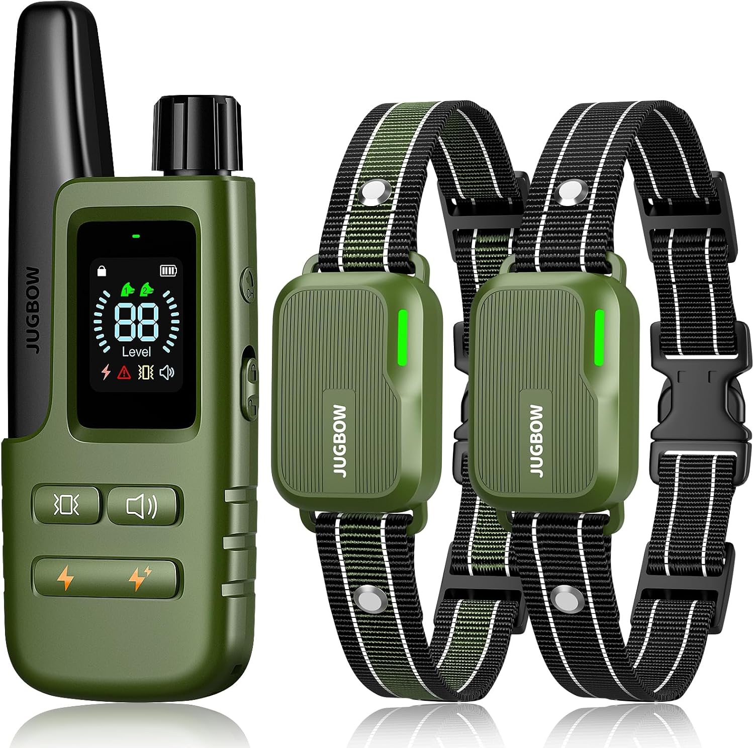 Jugbow remote dog training collar front view showing digital display screen