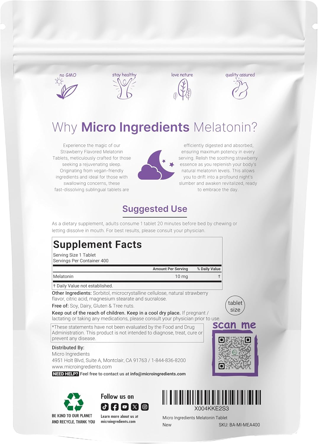Micro Ingredients Melatonin supplement facts nutritional label