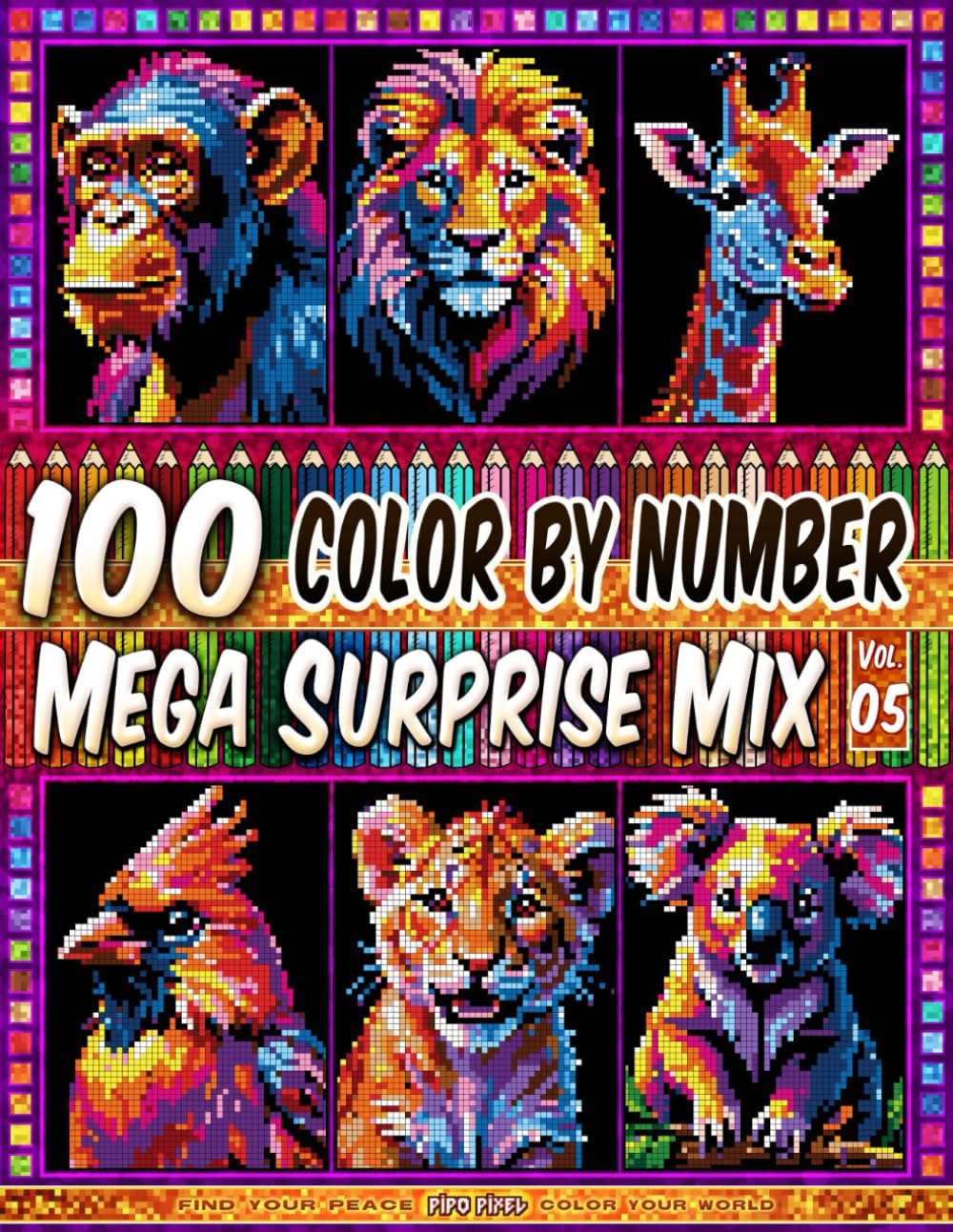 100 Color by Number - Mega Surprise Mix - Vol. 05: 100 Designs in Pixel Art - Bold Neon Animal Portraits Shining In Dark Spaces - Image 1