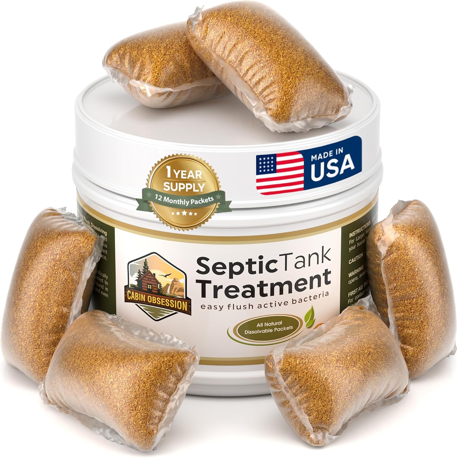 Cabin Obsession Septic Tank Treatment 12 count pack front view for sewage maintenance.