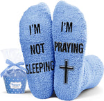 Lifestyle view of the cozy faith socks worn indoors.