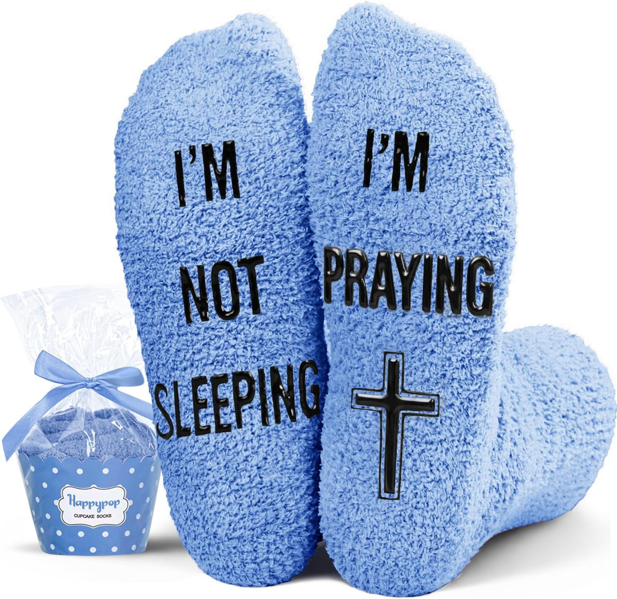Lifestyle view of the cozy faith socks worn indoors.