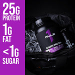 Rule 1 casein protein tub showing 52 servings and flavor details