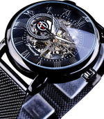 Forsining black steampunk watch transparent dial detail