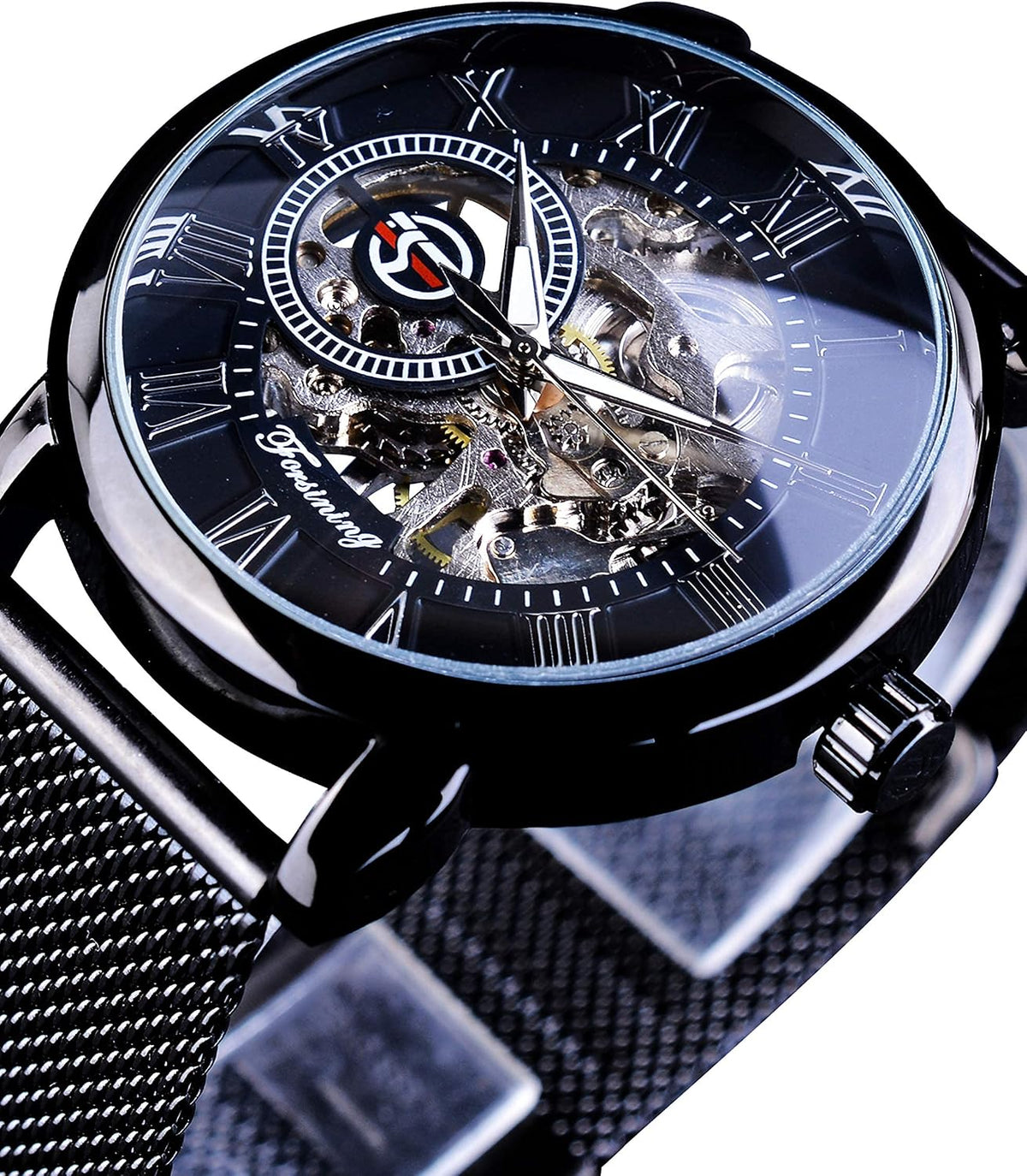 Forsining black steampunk watch transparent dial detail