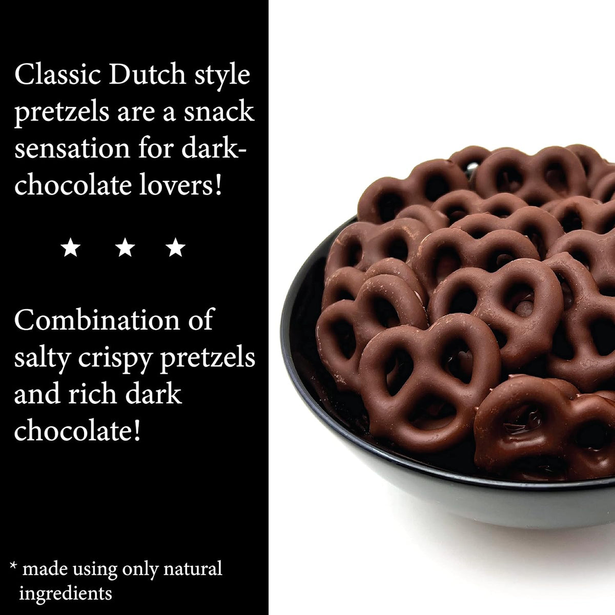 Liberty Bell gourmet dark chocolate pretzels in a bowl