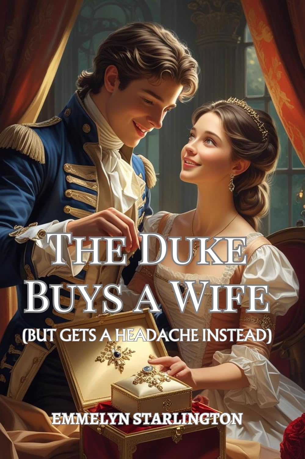 Emmelyn Starlington The Duke Buys a Wife book cover front view featuring a Regency era couple