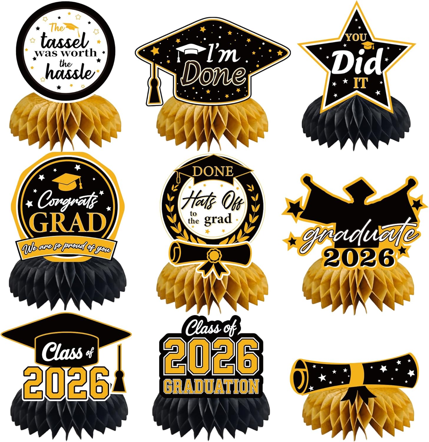 OHOME graduation decorations 2026 front view of black and gold table centerpiece set