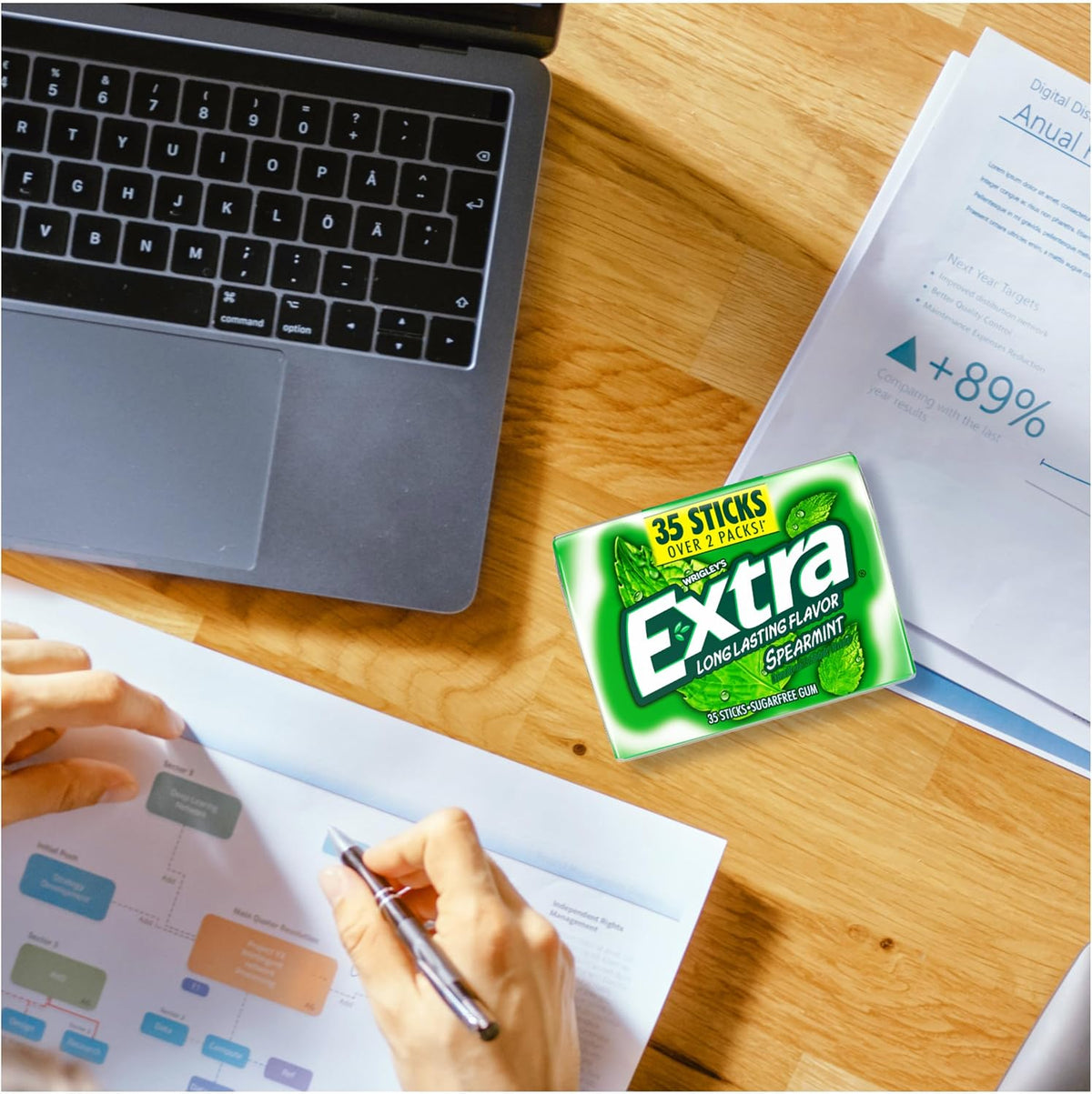 Open mega pack showcasing the individual foil-wrapped spearmint chewing gum sticks.