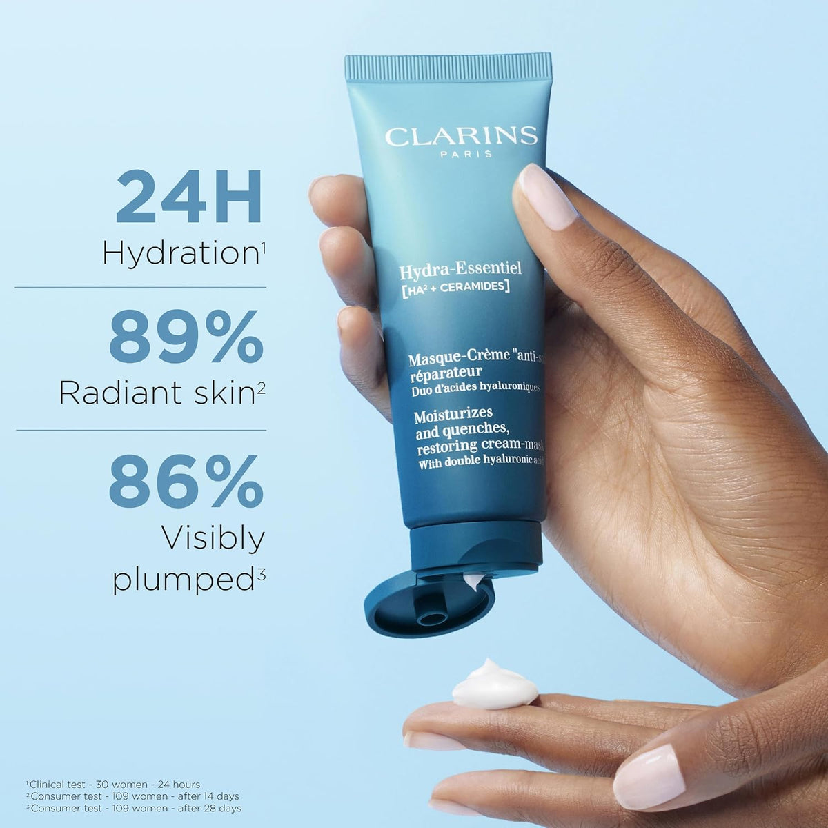 Clarins hydrating face mask tube angle shot showing branding