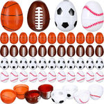 Suilung empty sports balls plastic Easter eggs front view featuring assorted soccer and basketball designs.