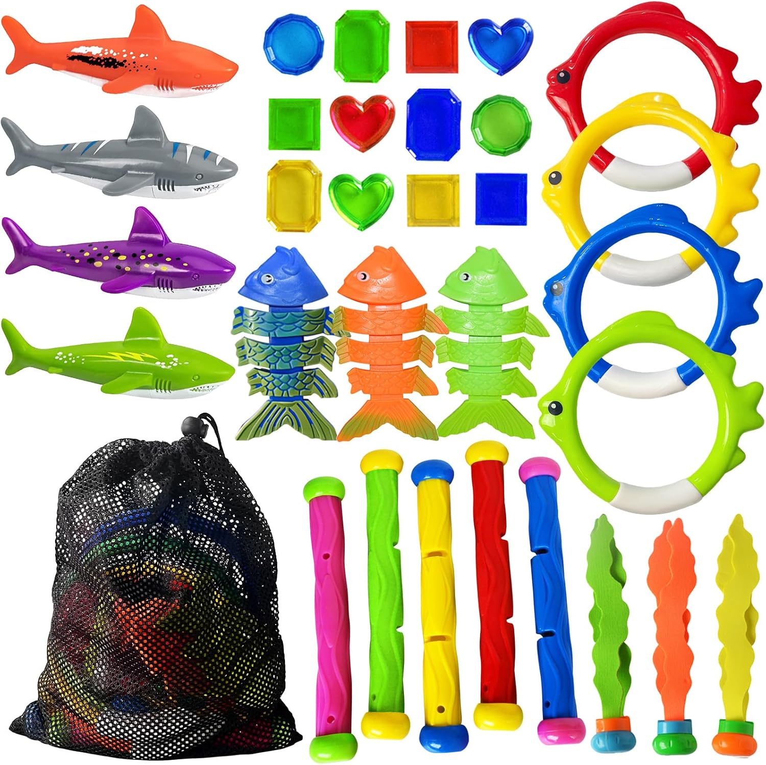 Jasonwell pool diving toys 31 piece set packaged in a mesh storage bag