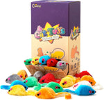 Close up of colorful synthetic fur kitten rattle mouse toy showing texture