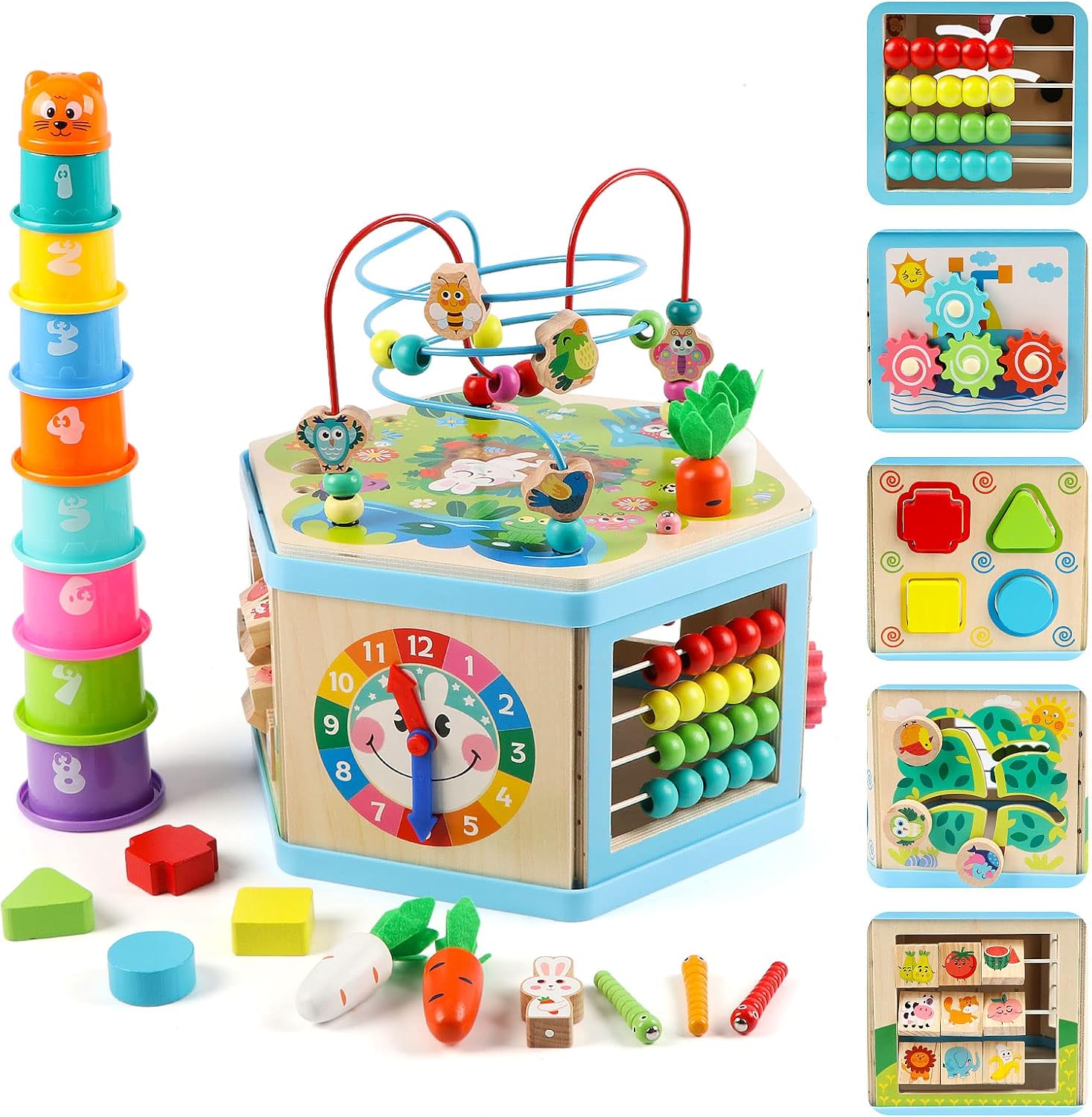 Vomocent Wooden Activity Cube front view showing the colorful bead maze top and mechanical rotating gears.