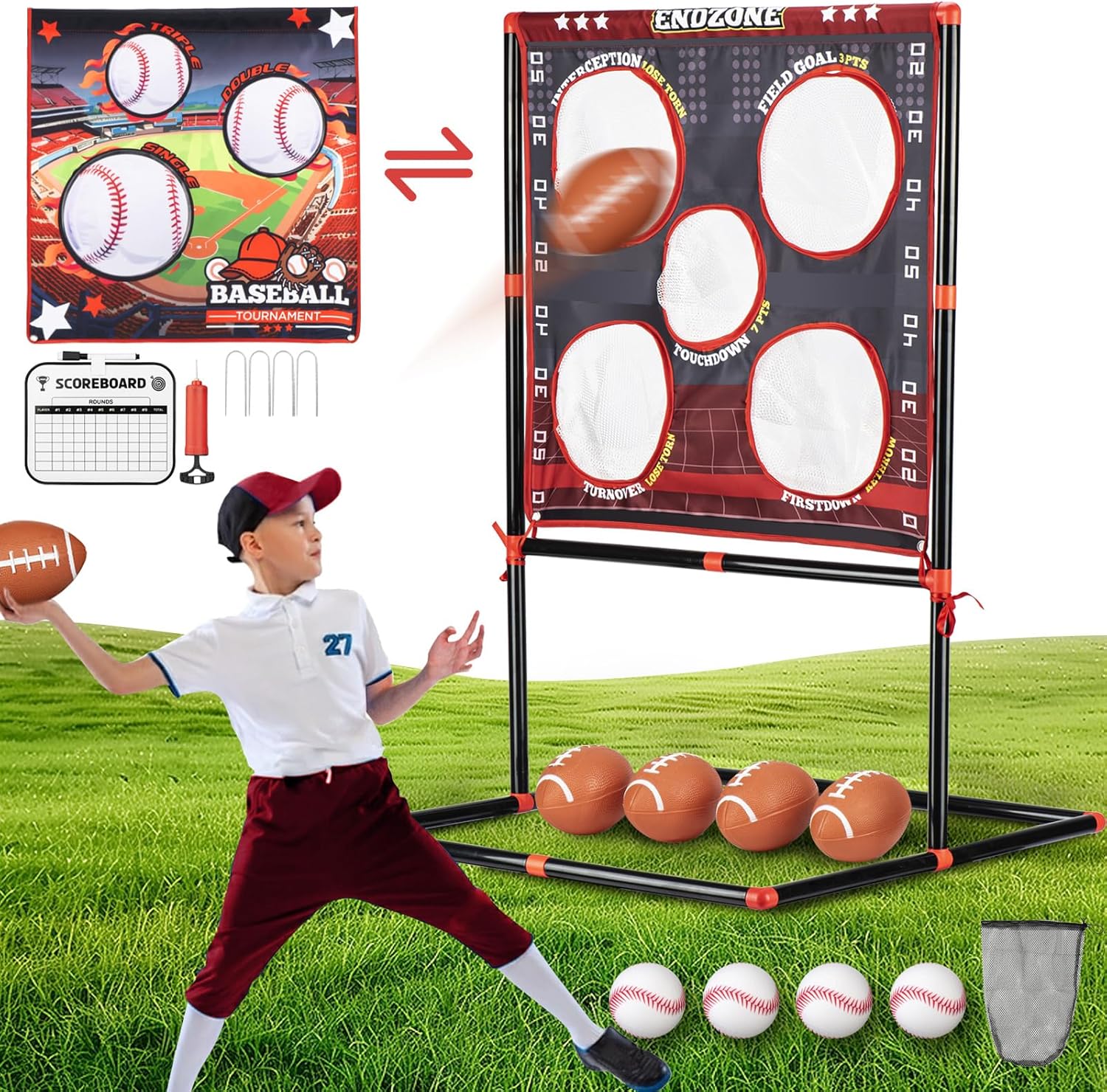 VROGTIK 2-in-1 football and baseball toss game front view assembled in backyard