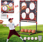VROGTIK 2-in-1 football and baseball toss game front view assembled in backyard