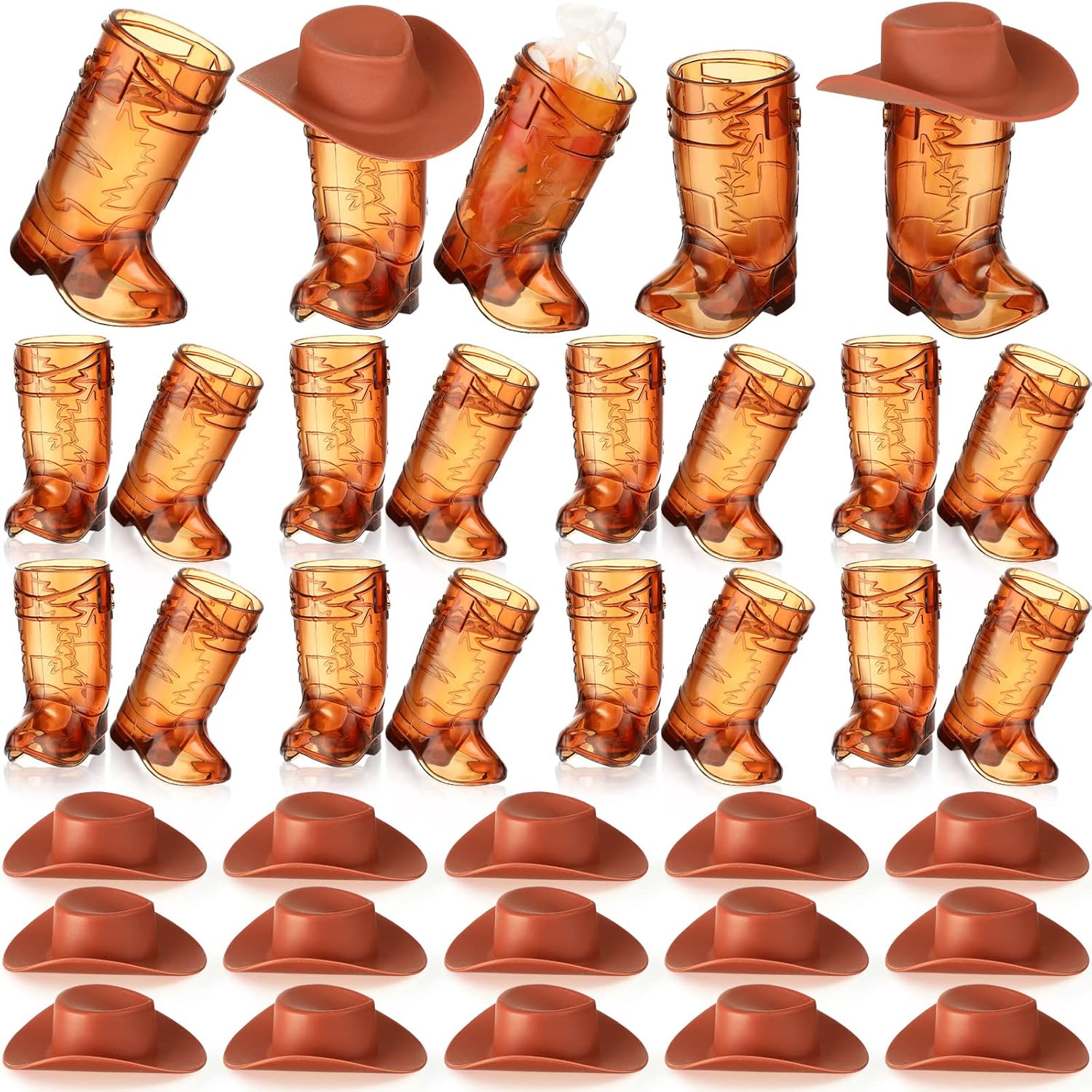 Sieral mini cowboy boot glasses and miniature hats front view set on a western party table.