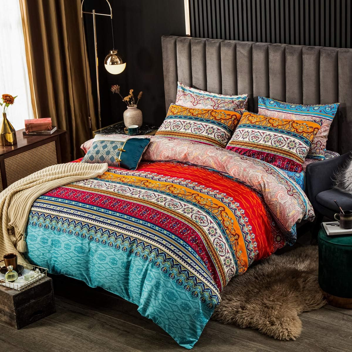 Erosebridal bohemian duvet cover set king front view showcasing colorful southwestern striped bedding