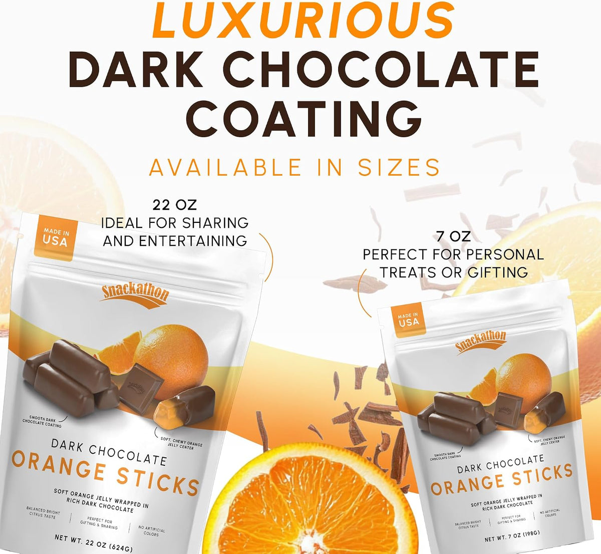 Side profile of Snackathon dark chocolate orange sticks