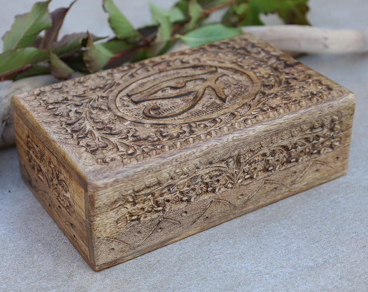Dharmaobjects large mango wood keepsake box top lid carving