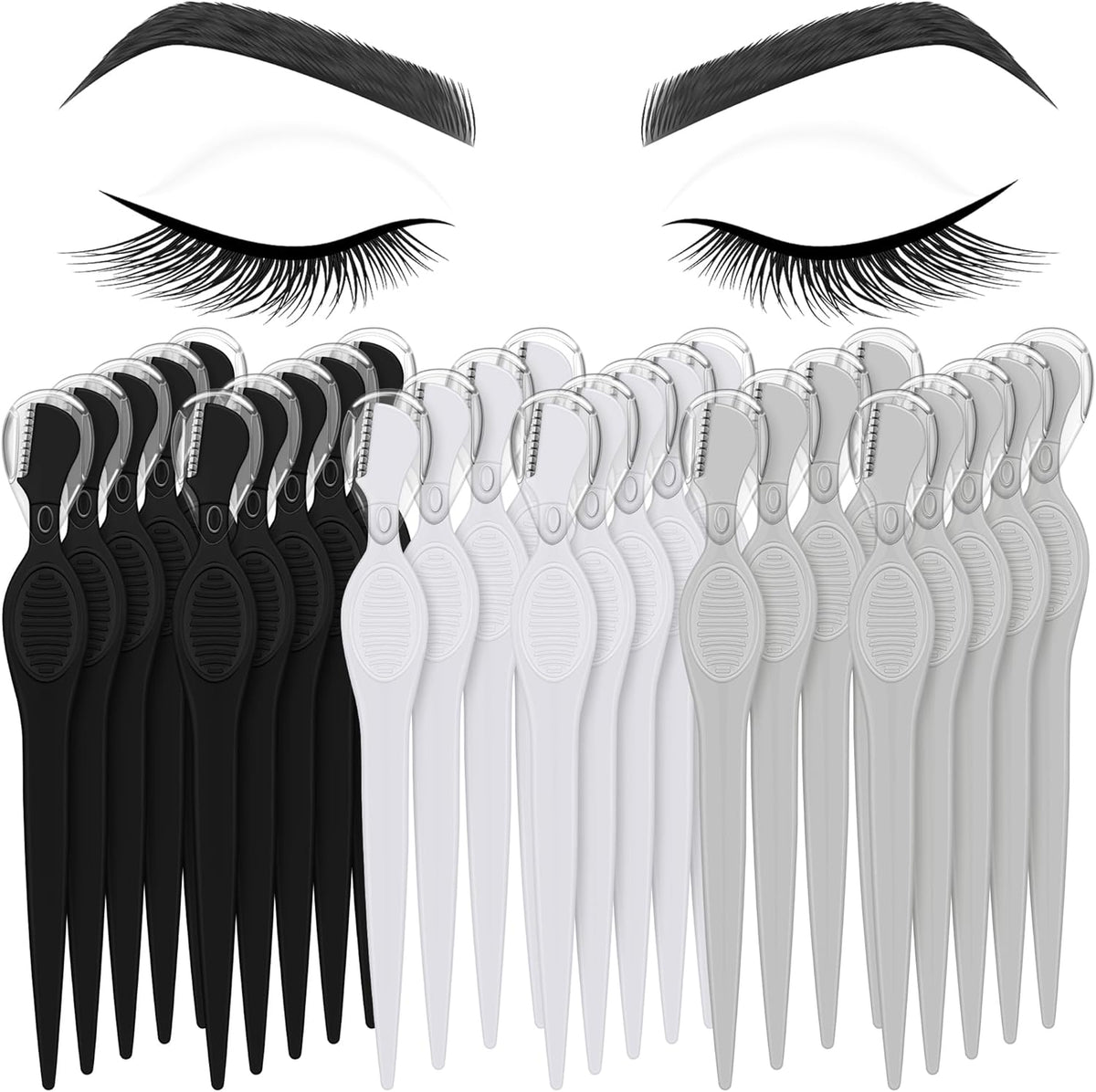 Mudder 28 Pieces Eyebrow Razor multi-pack front view showing black white and gray handles.