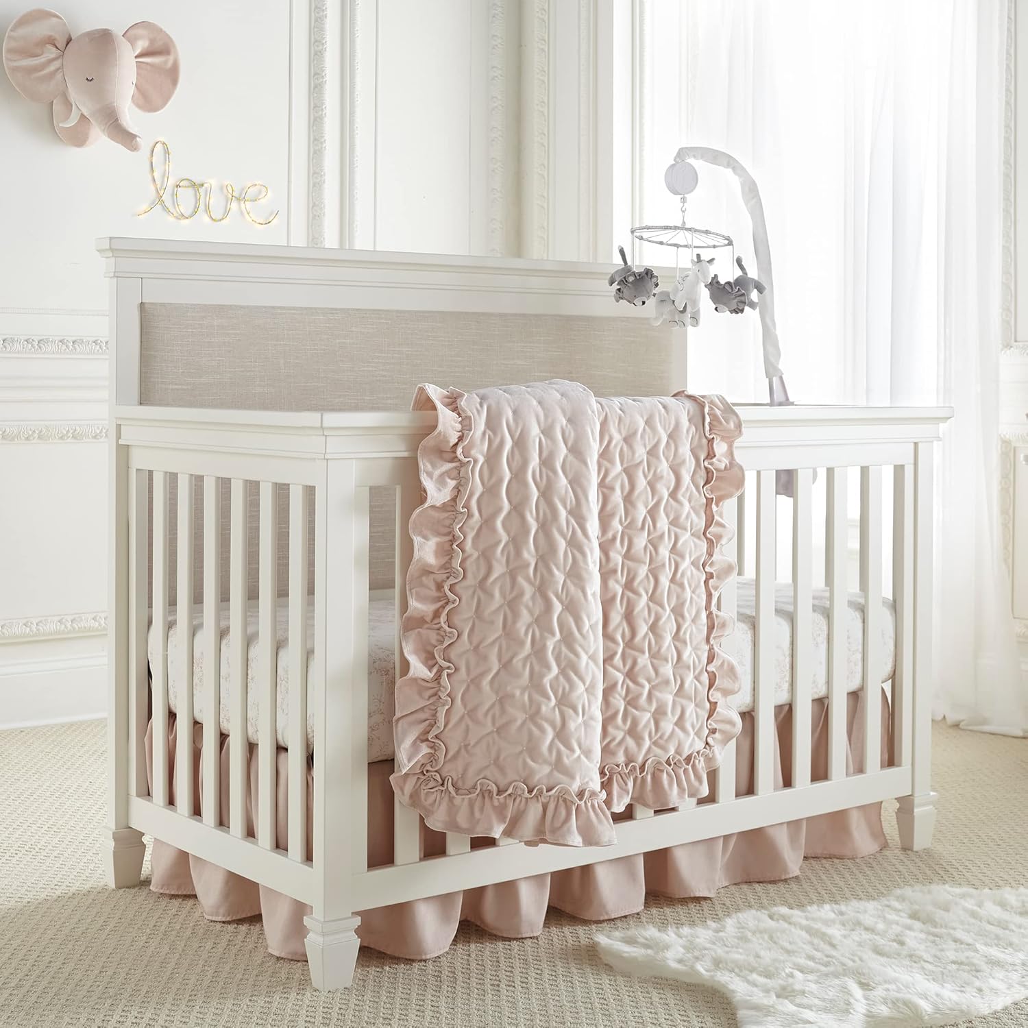 Levtex Baby Heritage Crib Bed Set front view of the complete four piece blush velvet nursery collection