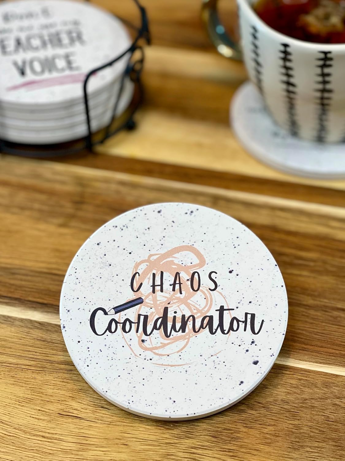 Close up of funny typography on ceramic coasters