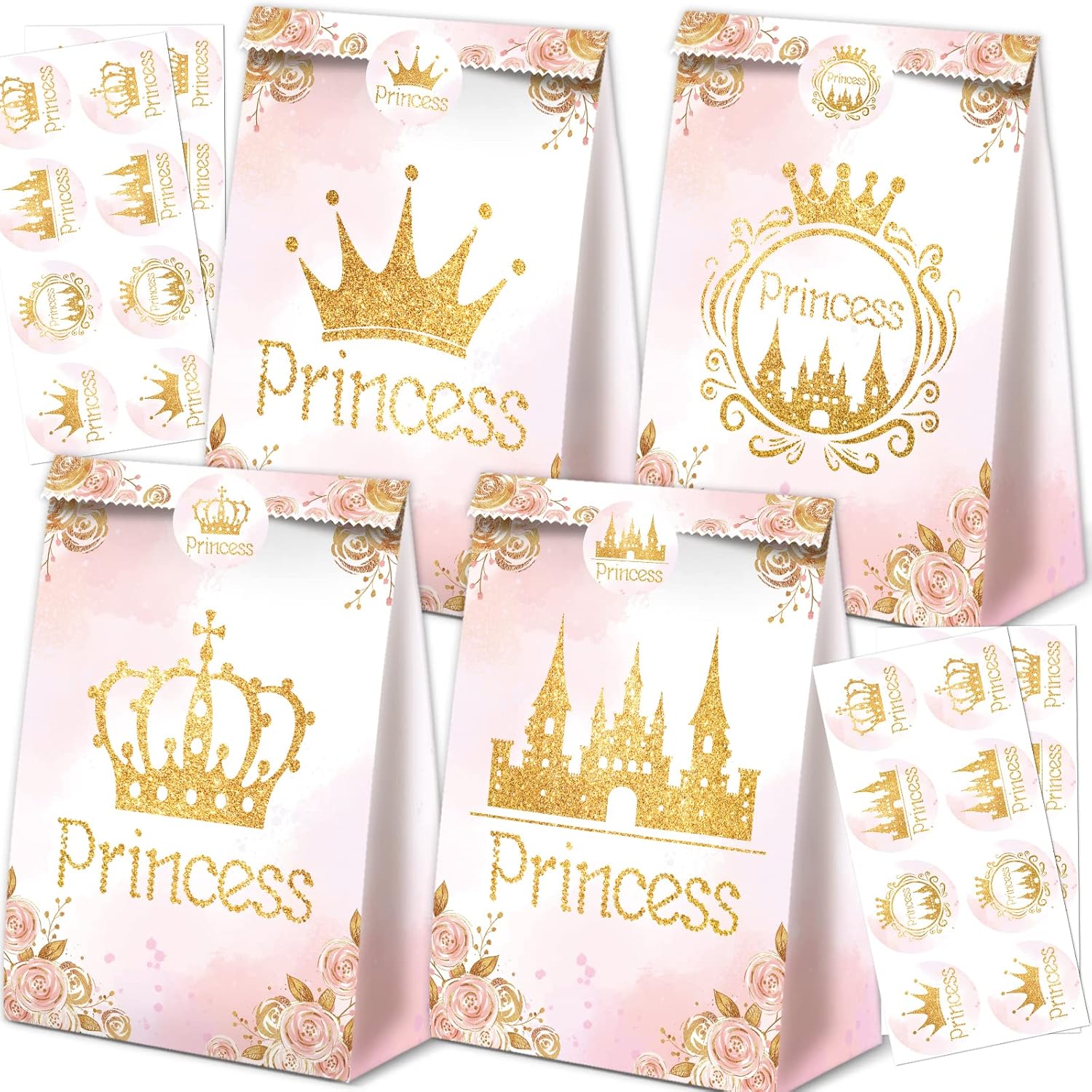 BQC princess party favor bags front view showing pink and gold crown castle theme