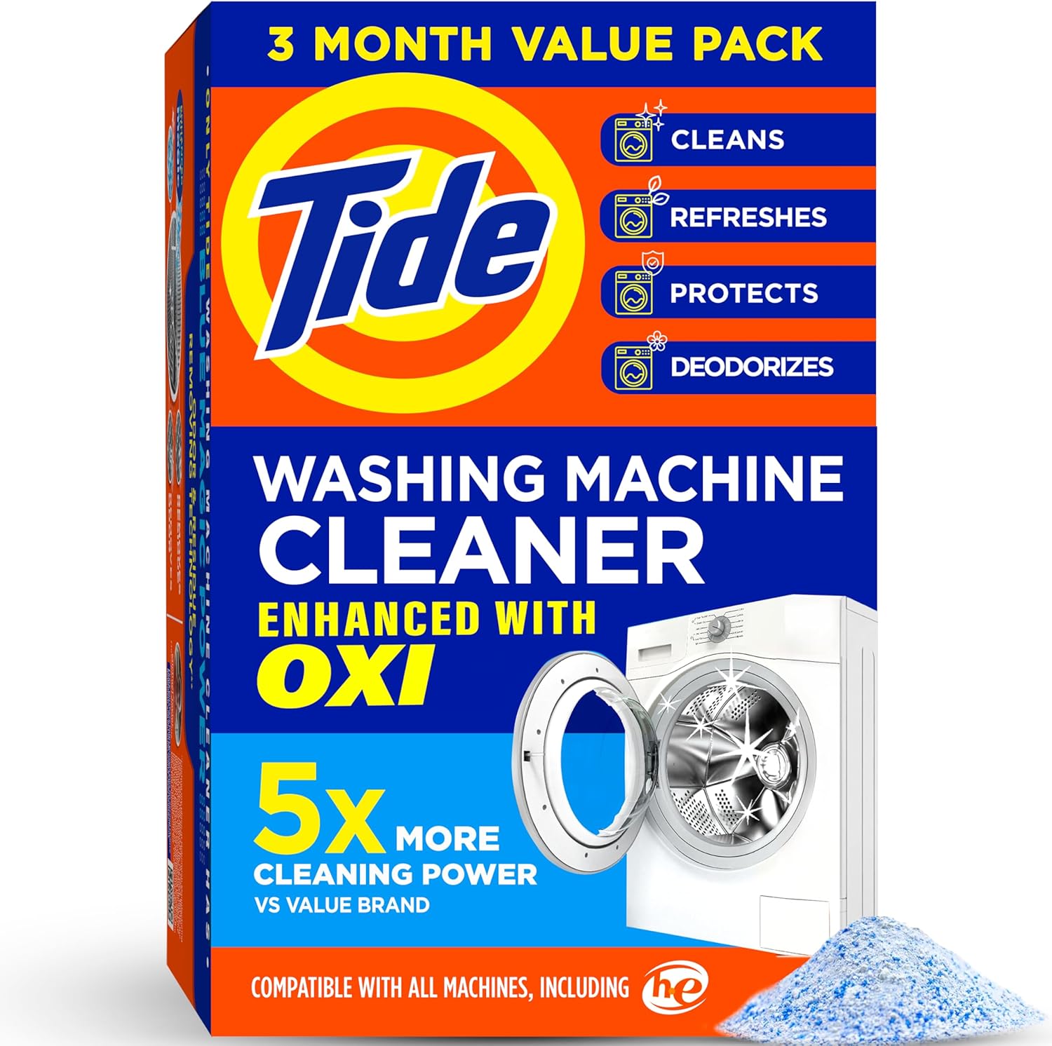 Tide Washing Machine Cleaner 3 count box front view showing Oxi power technology.