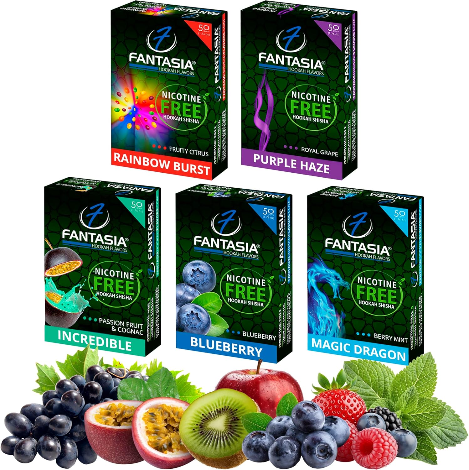 Fantasia Hookah Shisha Flavors, Tobacco & Nicotine Free — Berry Variety, 50-Gram (Pack of 5) B5 - Image 1
