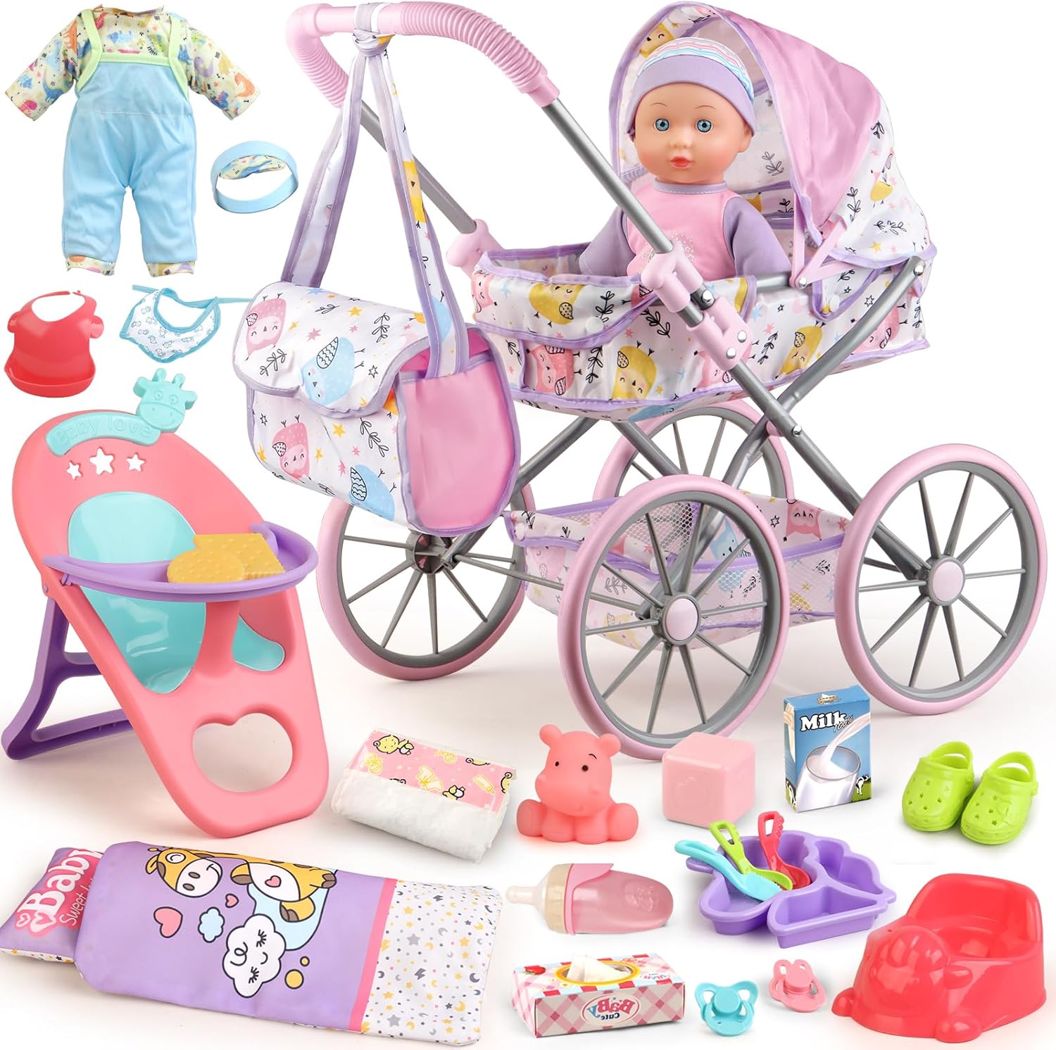 Yiybm Baby Doll Stroller Playset front view with doll